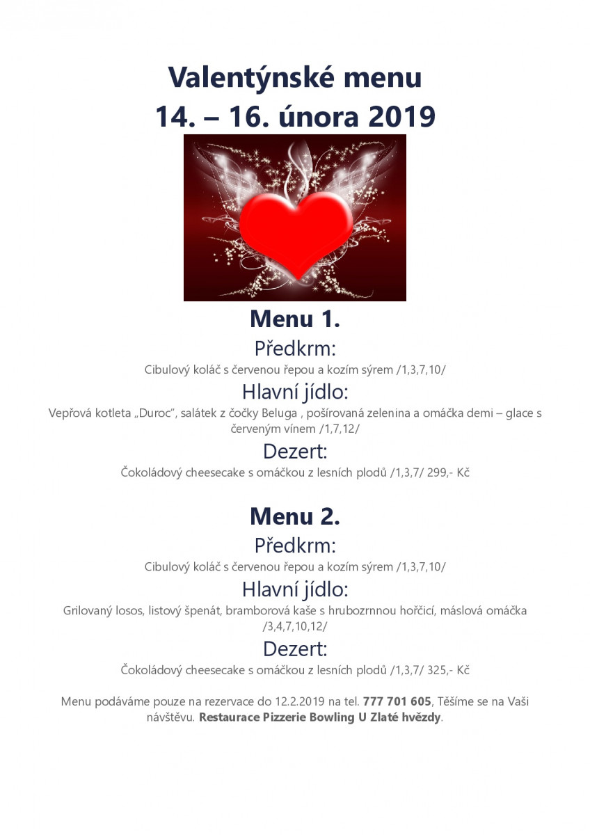 Valentýnské menu Restaurace U zlaté hvězdy