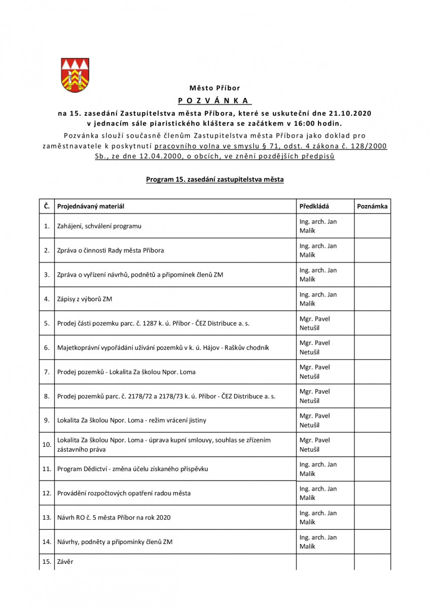 Pozvánka na 15. zasedání ZM-001