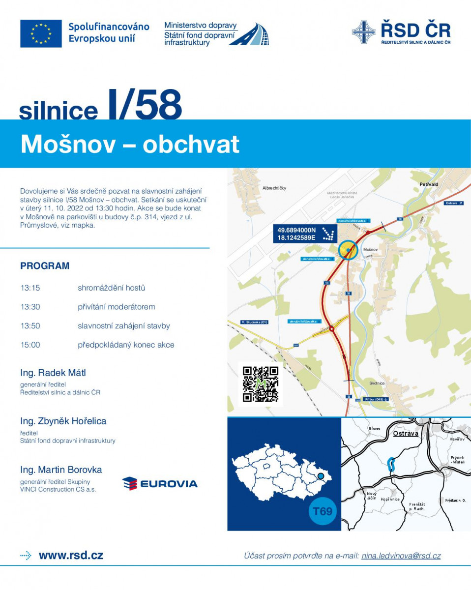 Pozvánka na slavnostní zahájení stavby silnice I-58 Mošnov – obchvat