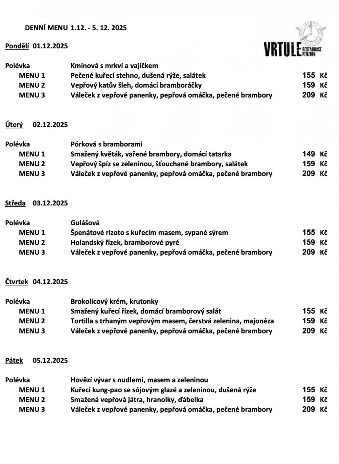Denní menu na týden od 1.-7. prosince 2025 Příbor