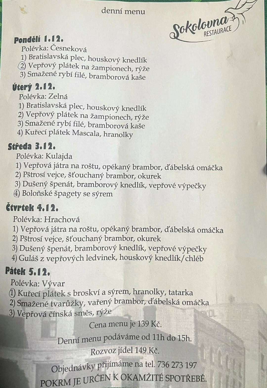 Denní menu na týden od 1.-7. prosince 2025 Příbor