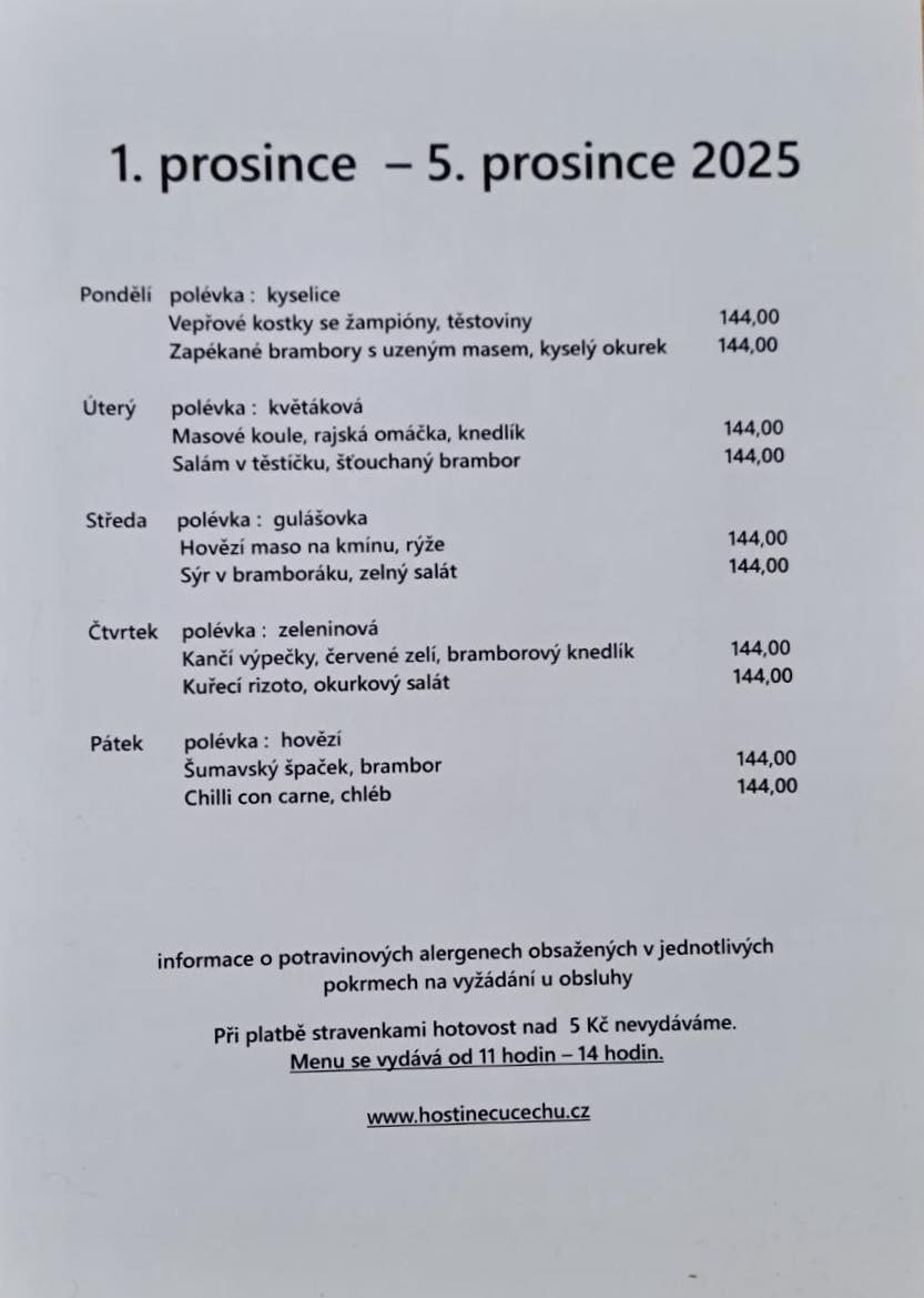 Denní menu na týden od 1.-7. prosince 2025 Příbor