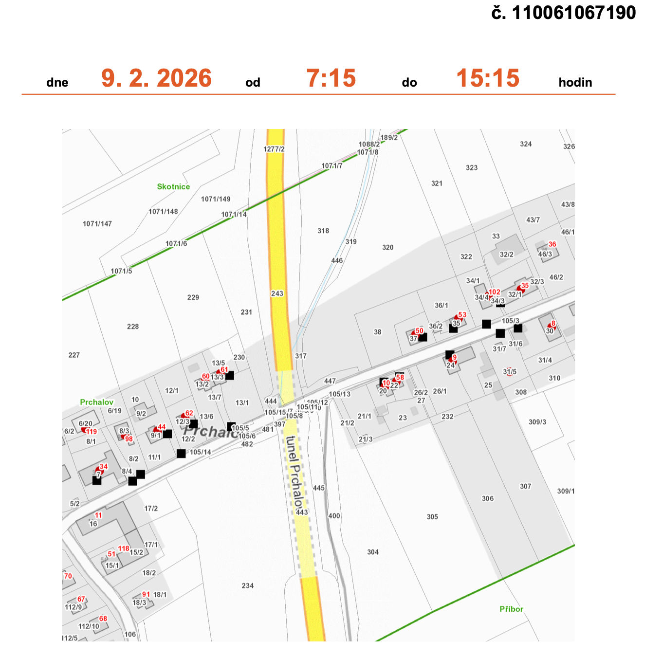Odstávka elektrické energie ČEZ 9. 2. 2026, 07:15–15:15