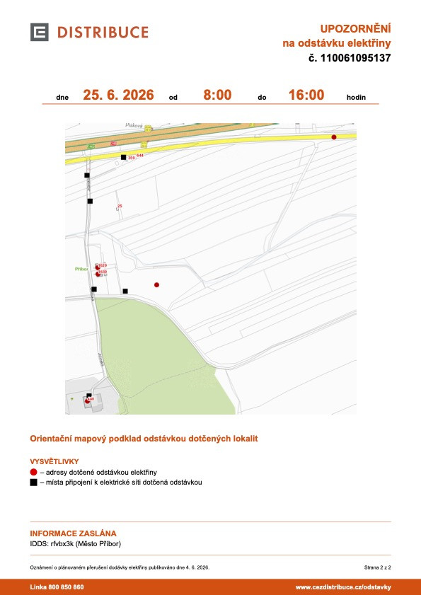 Plánovaná odstávka elektřiny v Příboře 25. 6. 2026