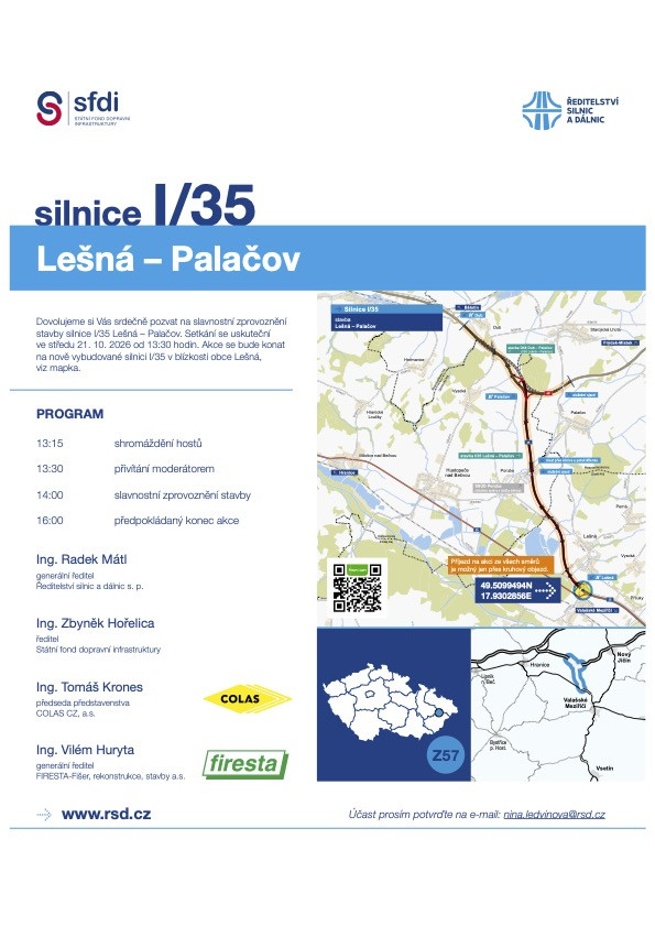 Slavnostní zprovoznění stavby silnice I/35 Lešná – Palačov